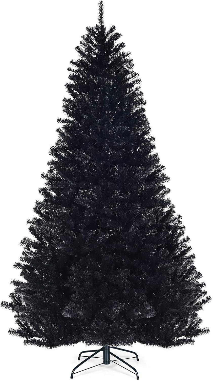 7.5Ft Unlit Black Christmas Tree, Artificial Halloween Tree with 1258 Branch Tips, Metal Stand, Xmas Full Tree for Indoor Holiday Carnival Party