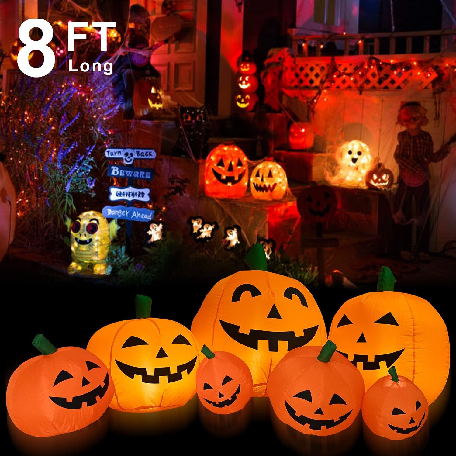 Halloween Inflatables 8FT Long Inflatable Pumpkins with Built-In Leds - Outdoor Yard Decorations for Harvest and Halloween Party, Garden, Lawn - Fun Halloween Decors Harvest Giant Pumpkins
