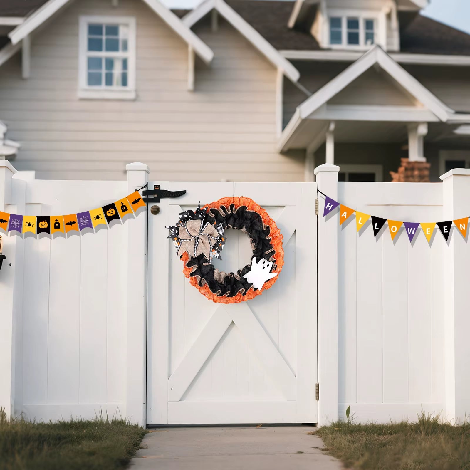 Halloween Wreath Plaid Bow Ribbon Artificial Wreath Festival Garland Decoration Wreath Hanging Christmas Wreath for Home Party