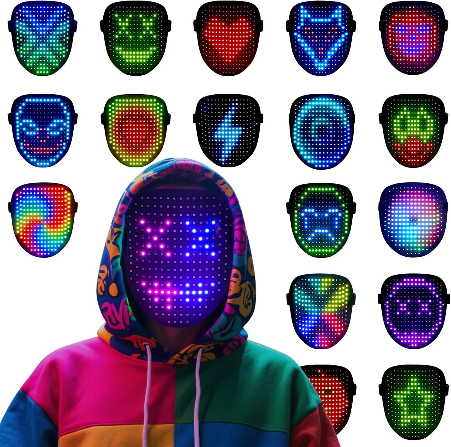 LED Face Mask with Gesture Control – Rechargeable Light up Halloween Masks Costume for Adults & Kids, Glowing Transformable Cosplay Mask for Parties, Christmas, Concerts