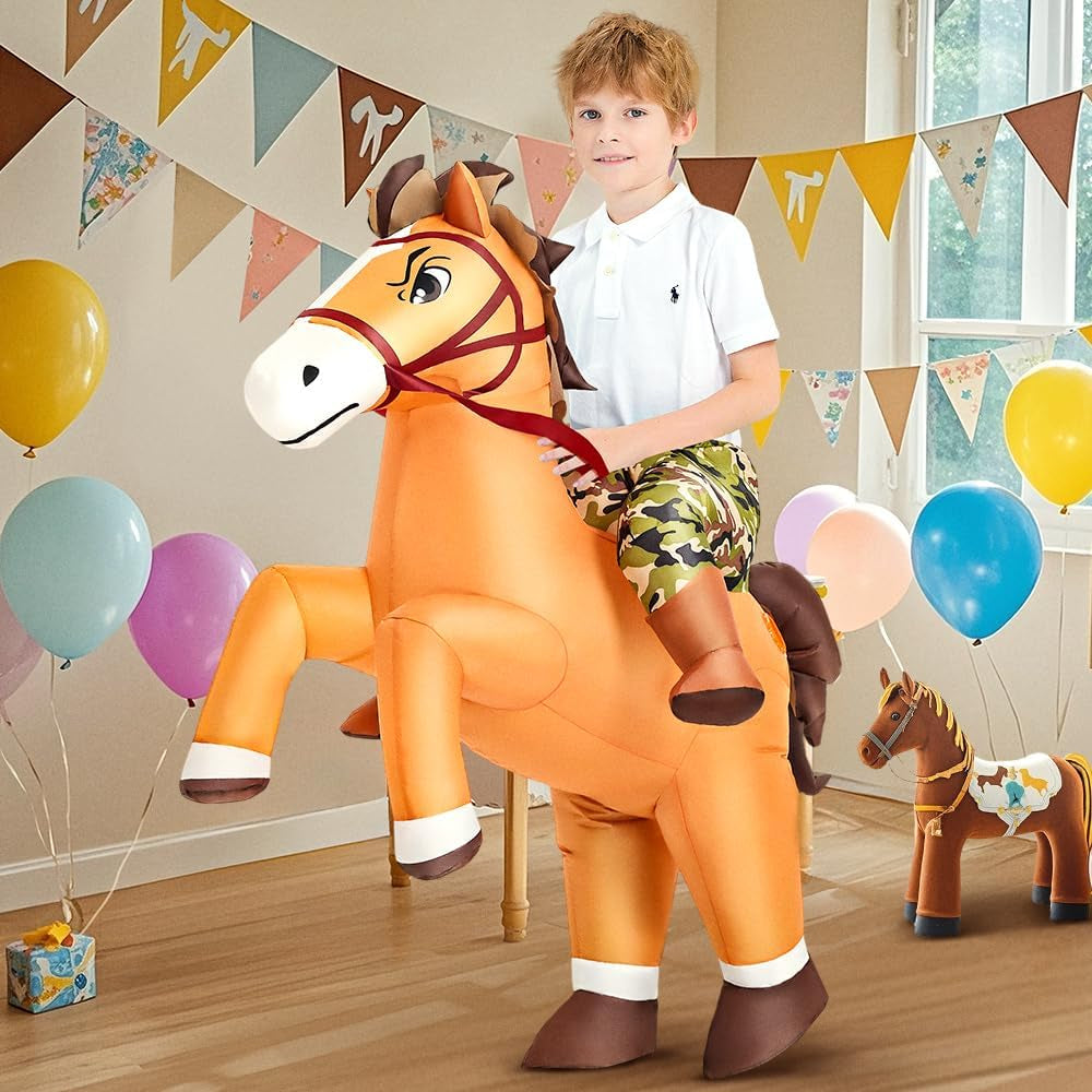 Inflatable Horse Costume Kids Halloween Riding Cowboy Cowgirl Costume Funny Blow up Horse Suits for Boys Girls Cosplay Party