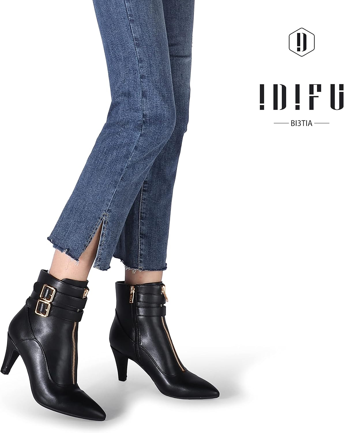 Women'S Pointed Toe Metal Buckle Two Strap Ankle Booties Side Zipper Kitten Heel Dress Classic Short Boots
