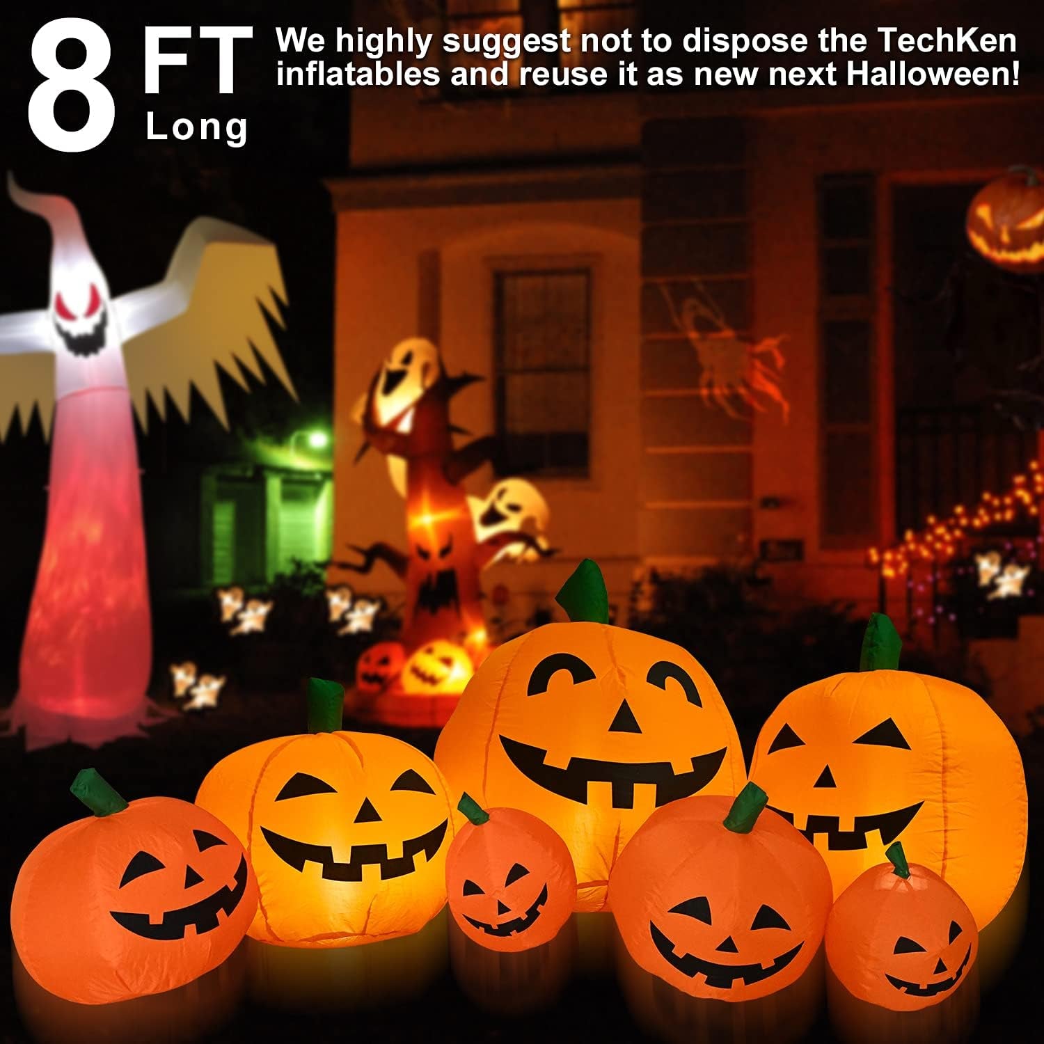 Halloween Inflatables 8FT Long Inflatable Pumpkins with Built-In Leds - Outdoor Yard Decorations for Harvest and Halloween Party, Garden, Lawn - Fun Halloween Decors Harvest Giant Pumpkins