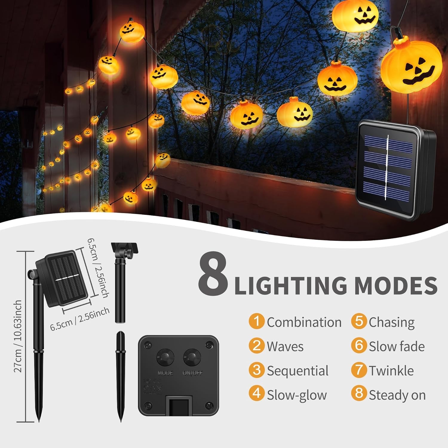 Solar Halloween Lights 60 Leds, Outdoor Pumpkin Lights with 8 Modes, 25.9 FT Decorations for Porch, Window, Garden, Yard, Party
