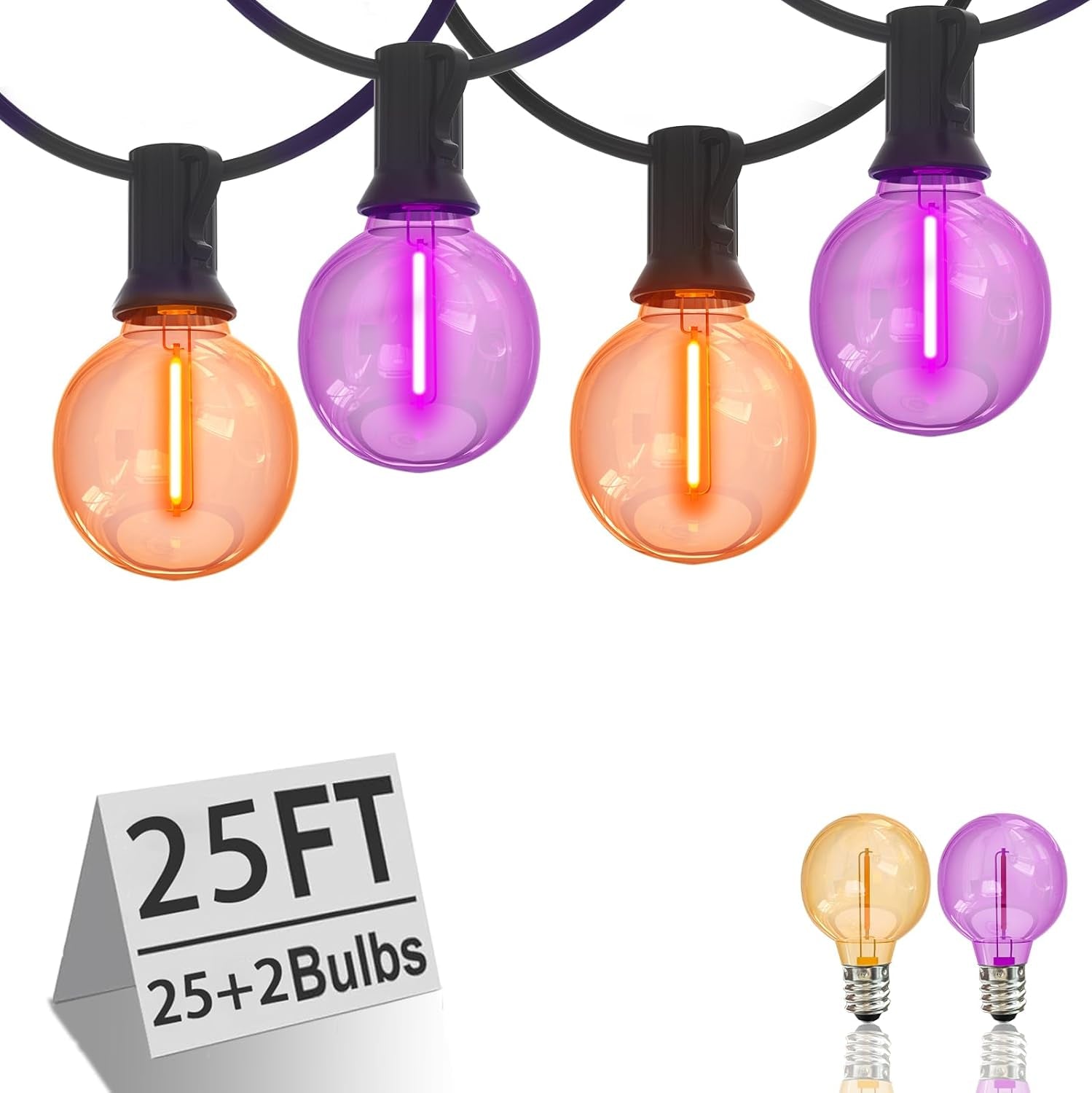 Purple and Orange Halloween Lights, 25FT 27 Count Halloween G40 LED String Lights, Indoor Decoration Lights for Outdoor Patio Home Party Garden Yard-Black Wire