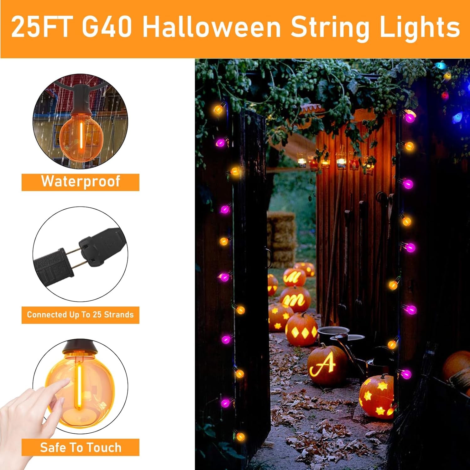 Purple and Orange Halloween Lights, 25FT 27 Count Halloween G40 LED String Lights, Indoor Decoration Lights for Outdoor Patio Home Party Garden Yard-Black Wire